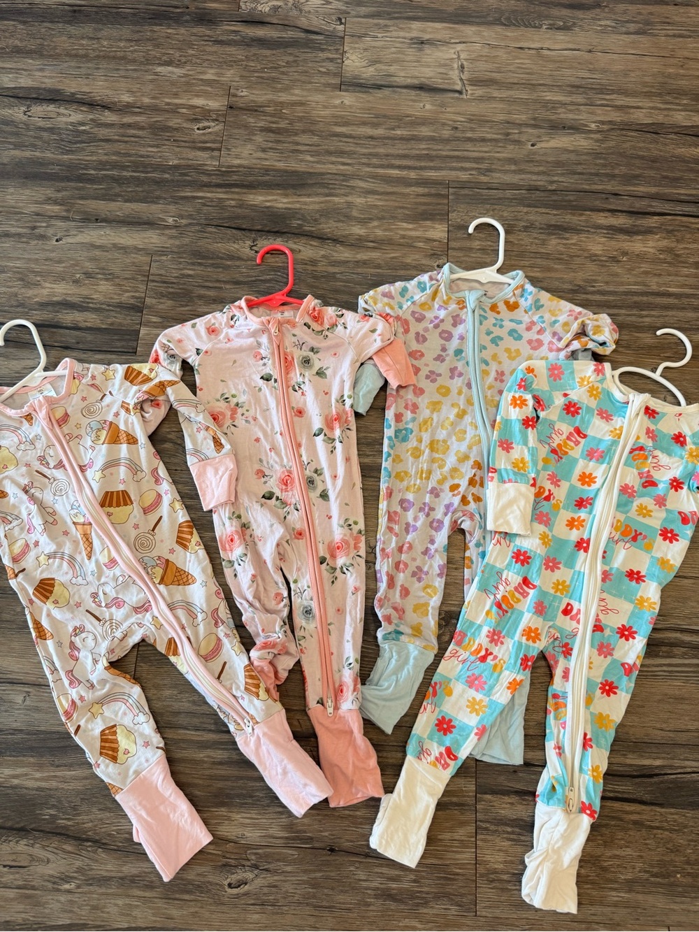 Set of 4 Girls' Floral & Patterned One-Piece bamboo Pajamas - Pink, Teal, White